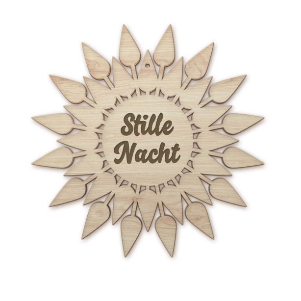 Geschenksartikel Weihnachtsstern Sonnenstrahl. Personalisierbares Dekoelement aus Holz. Regional hergestelltes, rustikales Objekt aus der Waldviertler Lichtbrennerei.